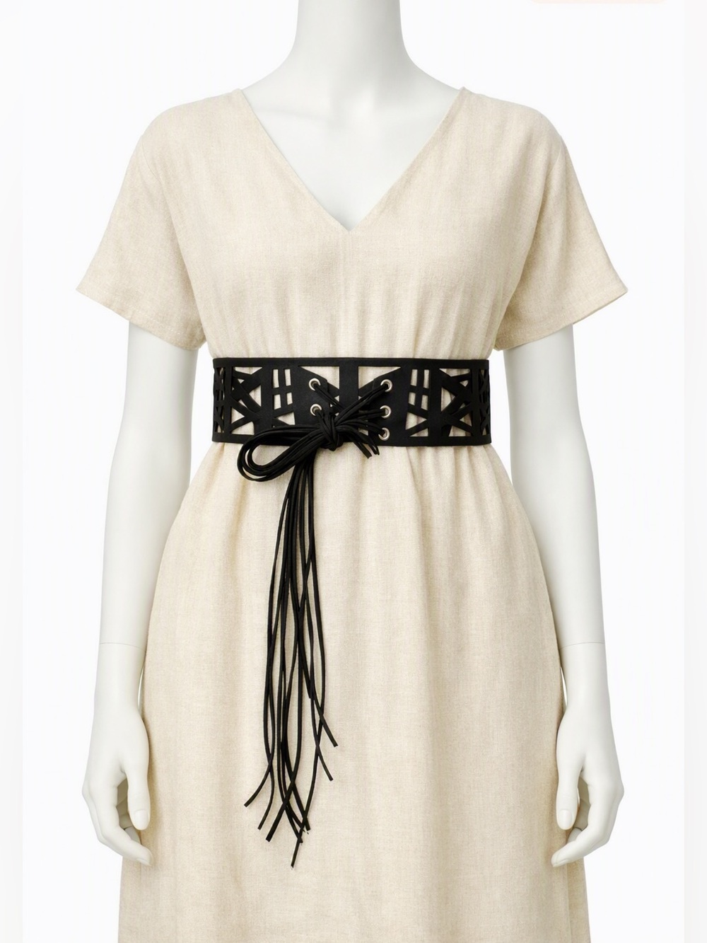 Leather cut out fringed laced belt - Picture 2 of 8